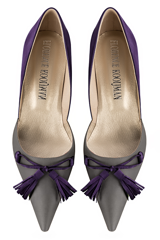 Ash grey and amethyst purple women's open arch dress pumps. Pointed toe. Low comma heels. Top view - Florence KOOIJMAN
